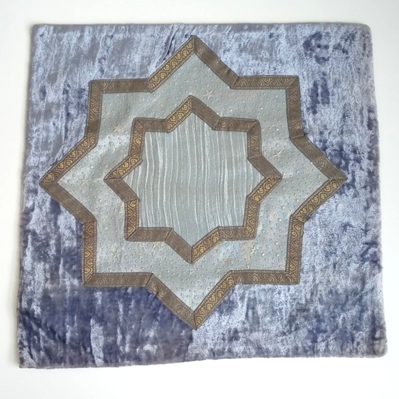 Vintage Antique Dusty Blue Velvet Embroidered Embossed Star Pillow Sham - Picture 8 of 11